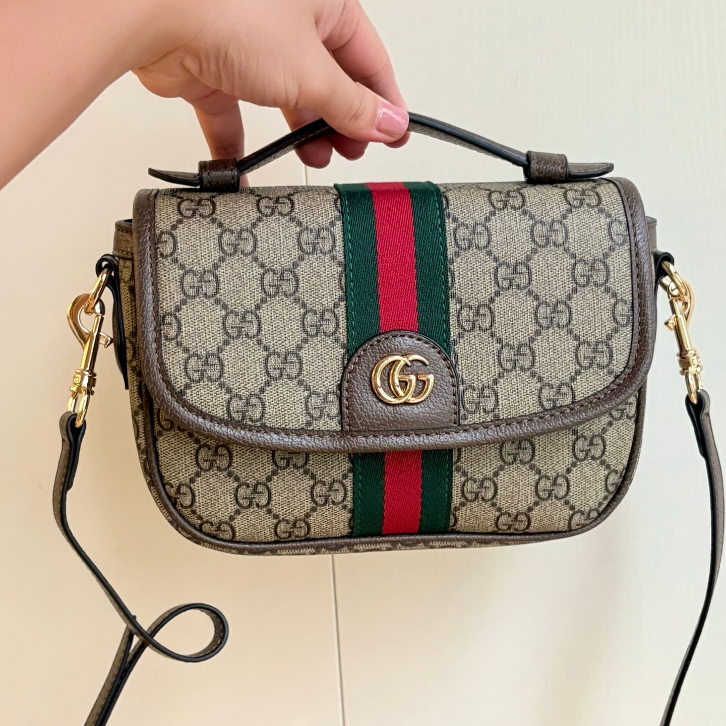 Gvc*1 Ophidia Small Top Handle Bag Beige And Dark Brown 20Cm ‎836843 Fae0J 9867