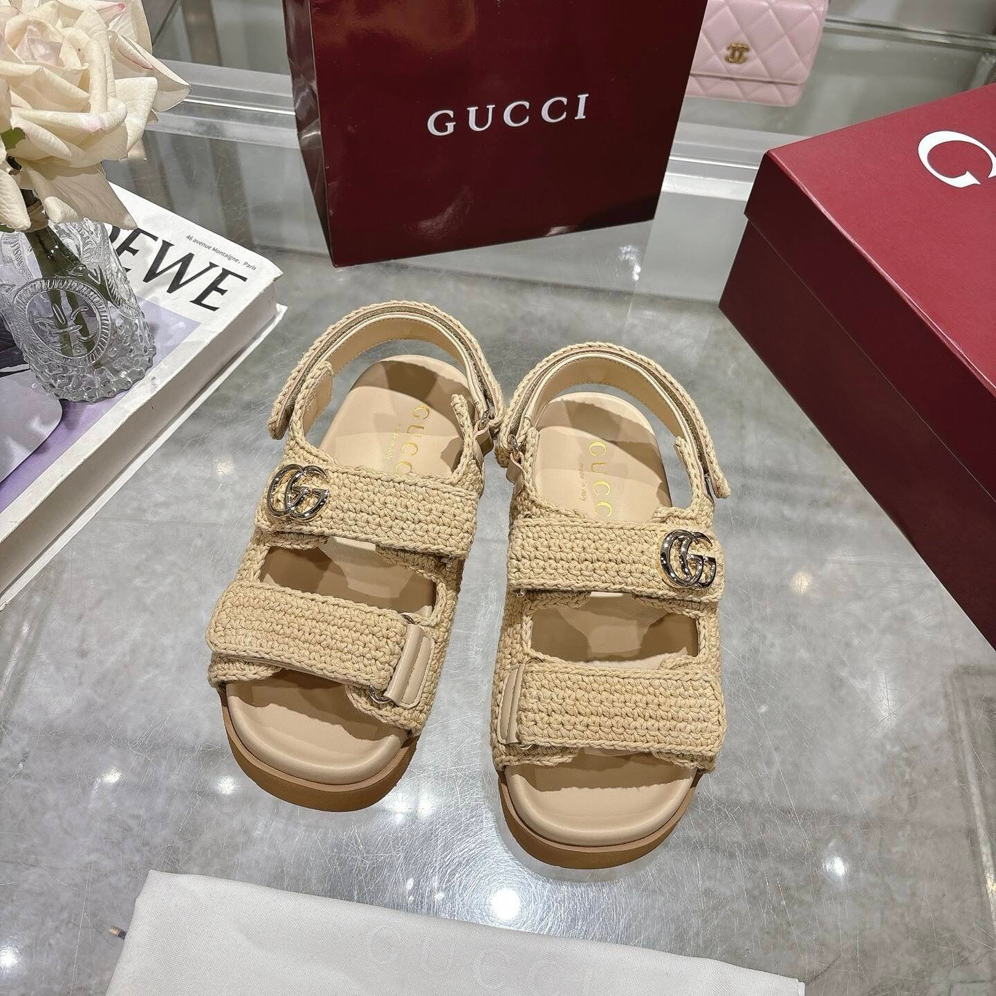 Gvc*1 Women Sandal With Double G Beige Crochet ‎835086 Faeq2 9552