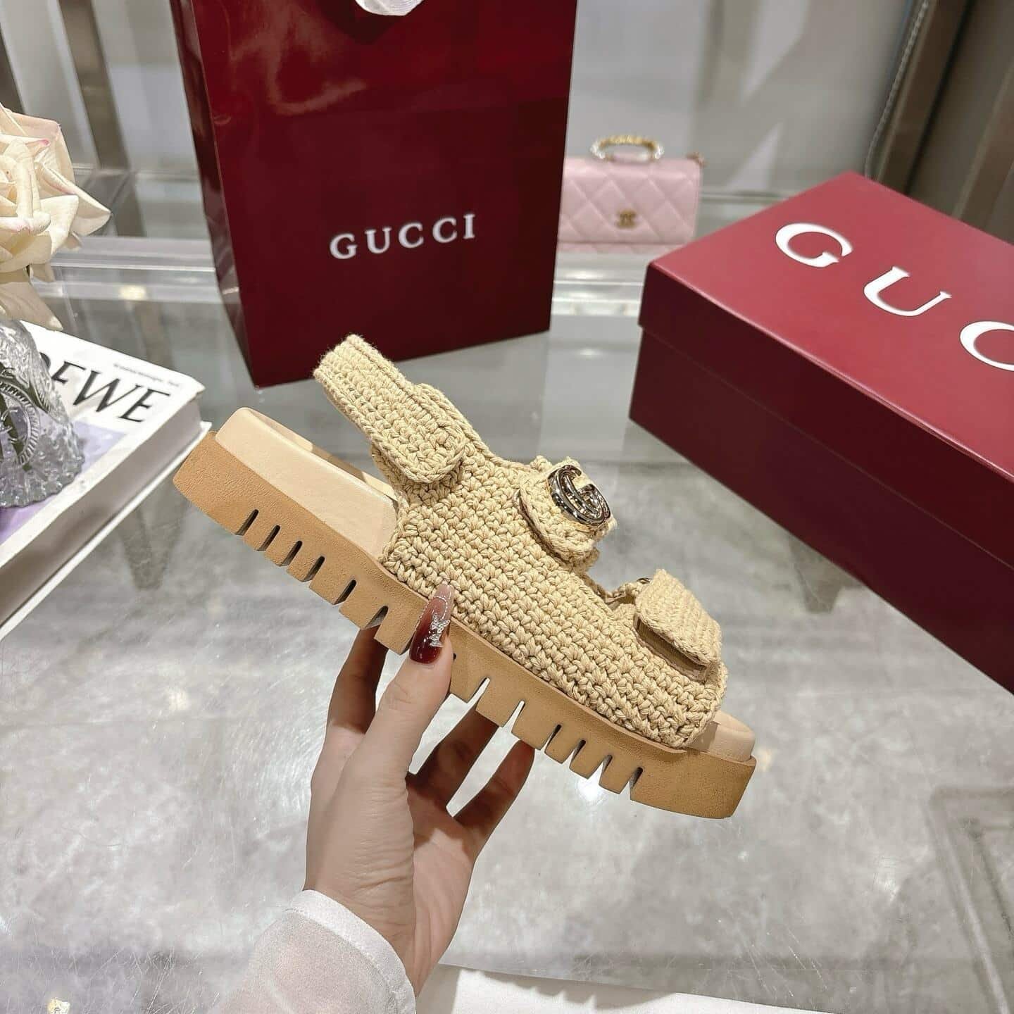 Gvc*1 Women Sandal With Double G Beige Crochet ‎835086 Faeq2 9552