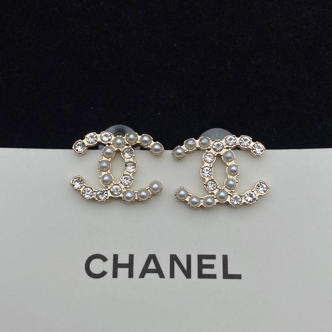 Ch**el Cc Crystal Pearl Silver Earrings