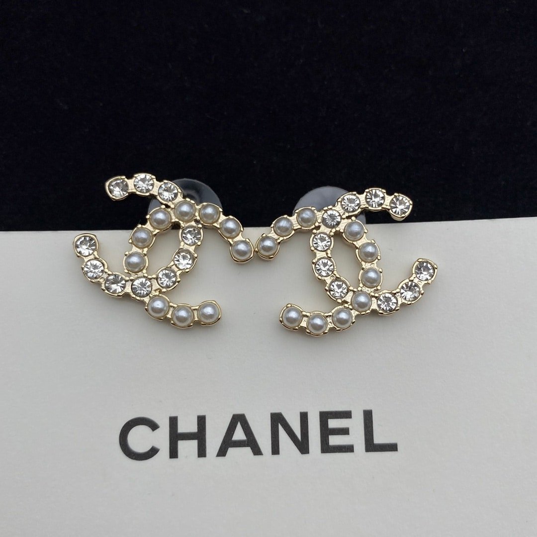 Ch**el Cc Crystal Pearl Silver Earrings