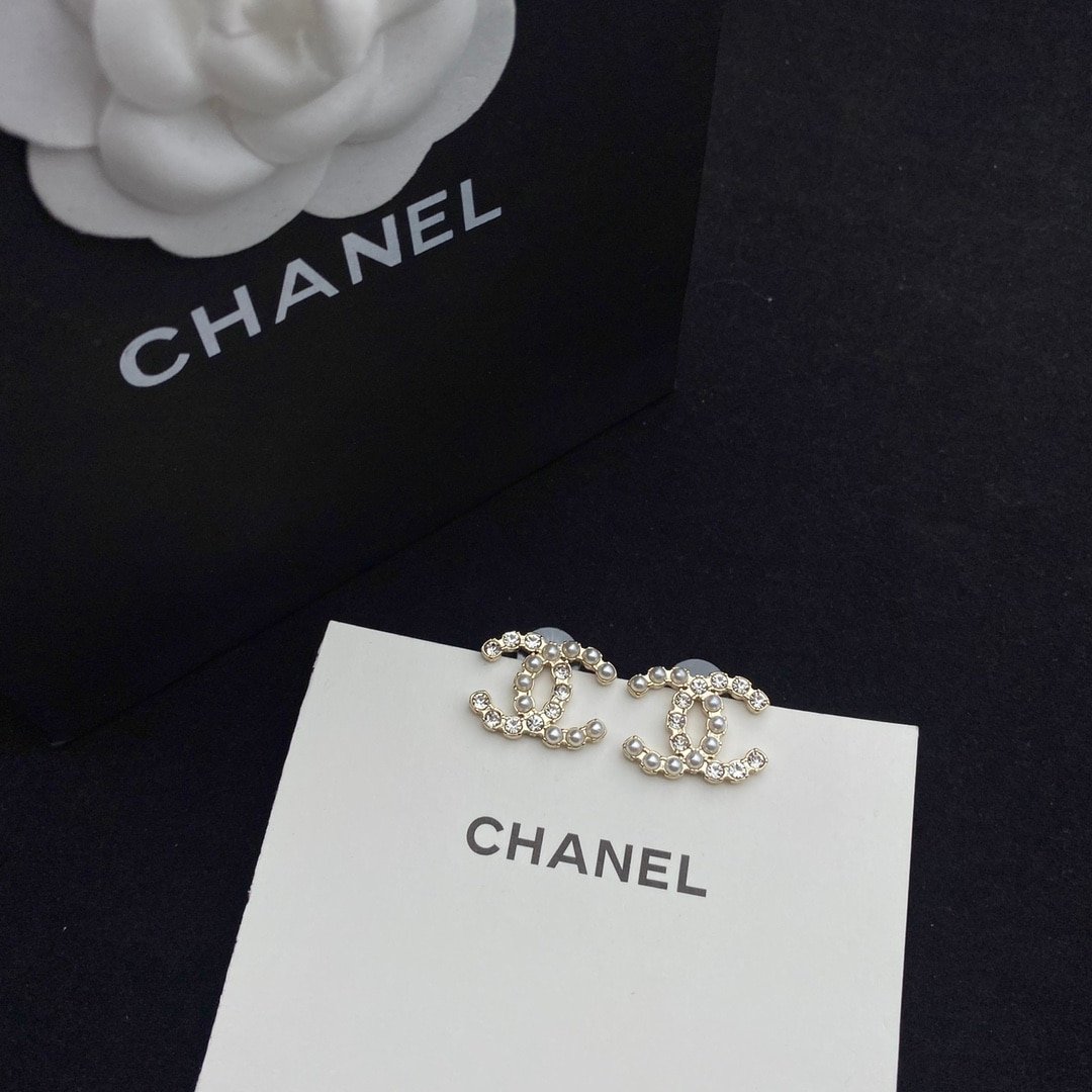 Ch**el Cc Crystal Pearl Silver Earrings
