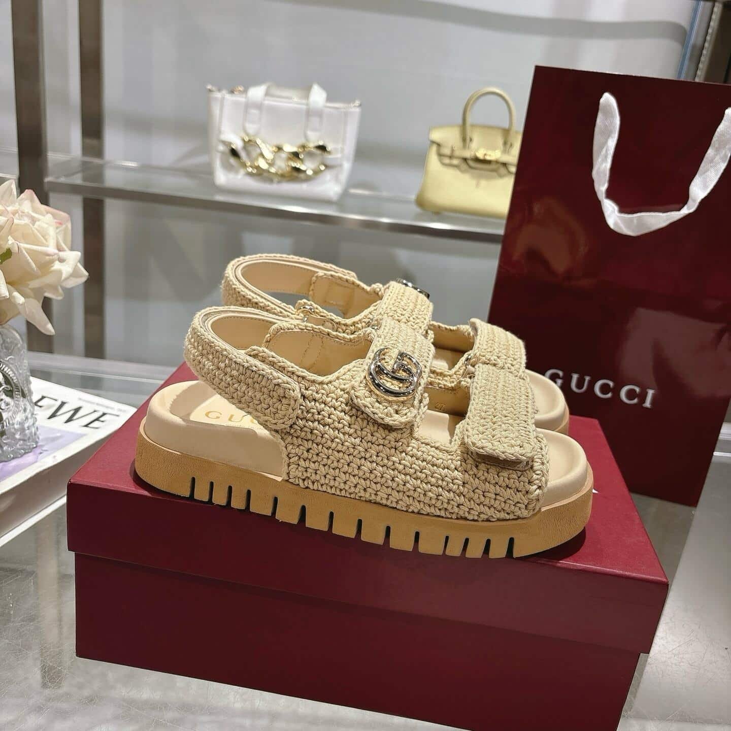 Gvc*1 Women Sandal With Double G Beige Crochet ‎835086 Faeq2 9552
