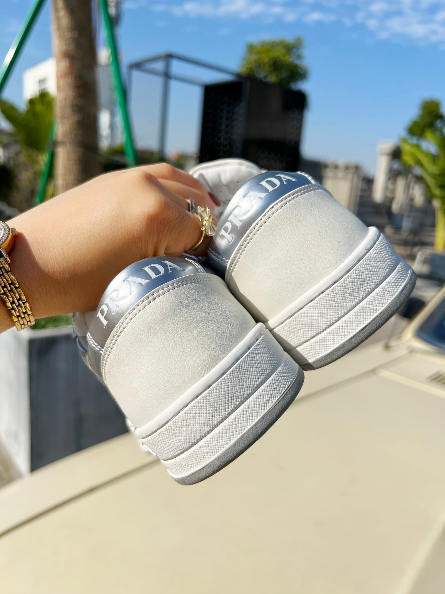 Pra*a District Leather Sneakers White Sliver 1E790M 3Lj6 F0J36