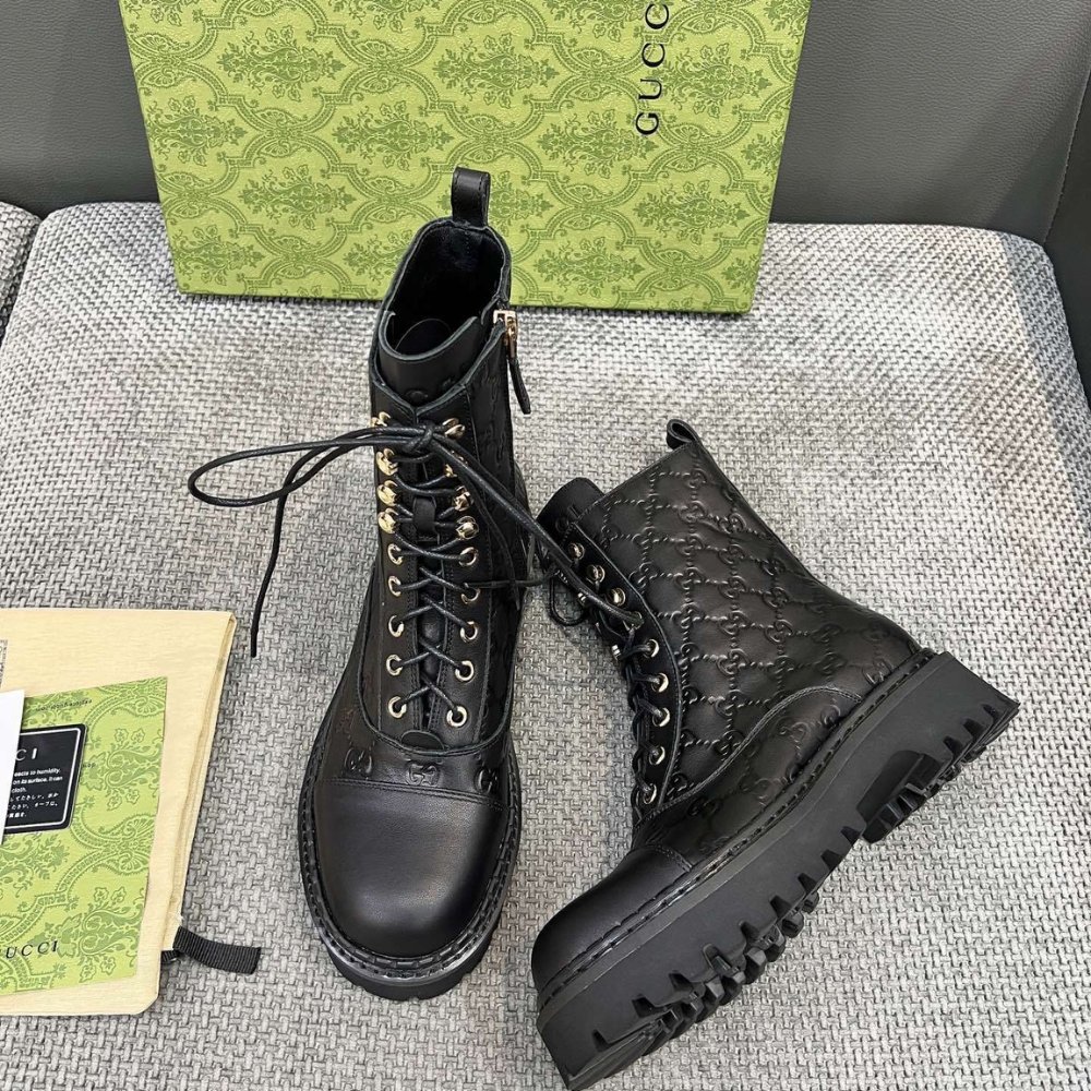 Gvc*1 Women Lace Up Ankle Boot With Gg Black Leather 840739 Aae5Q 1000