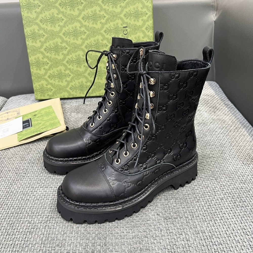Gvc*1 Women Lace Up Ankle Boot With Gg Black Leather 840739 Aae5Q 1000