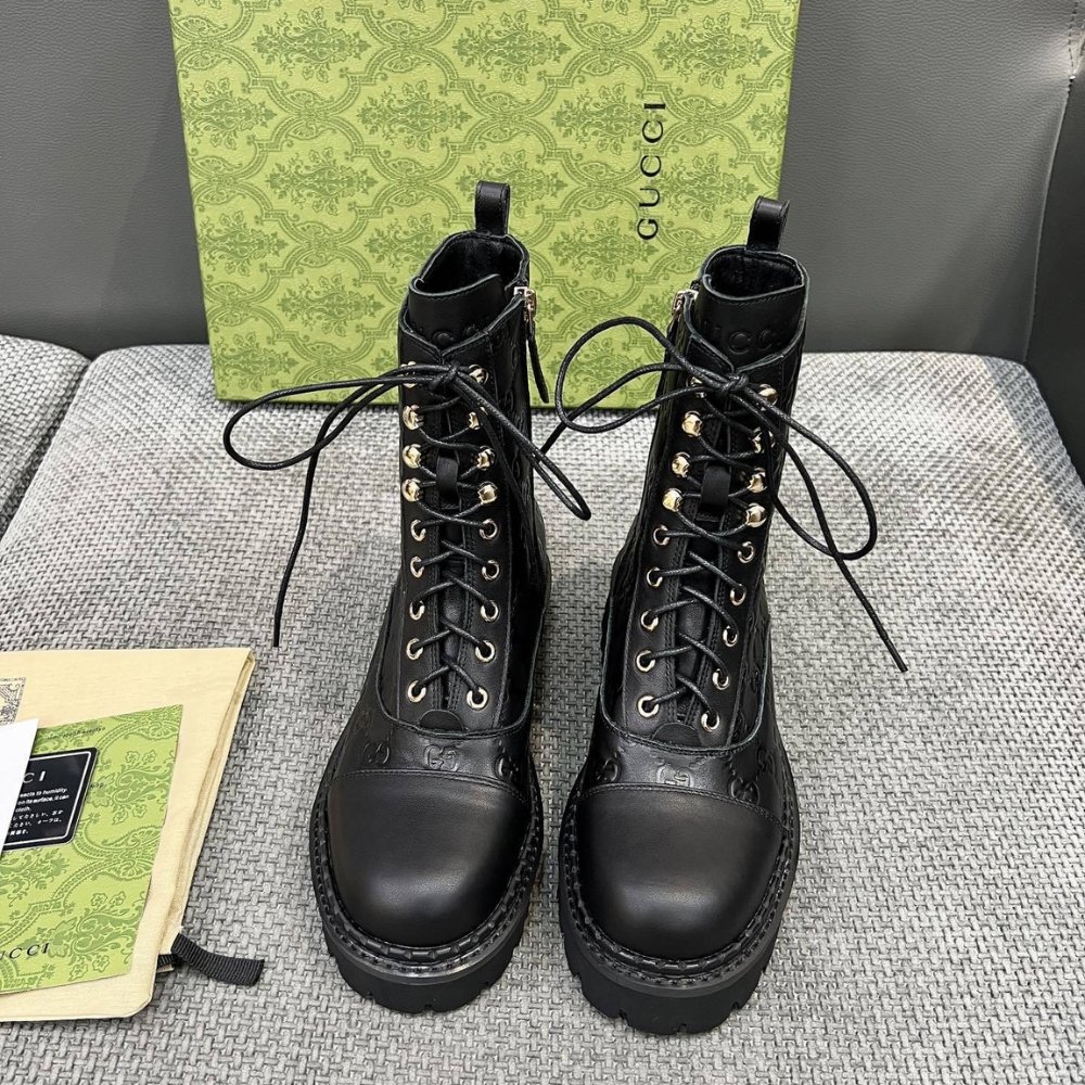 Gvc*1 Women Lace Up Ankle Boot With Gg Black Leather 840739 Aae5Q 1000