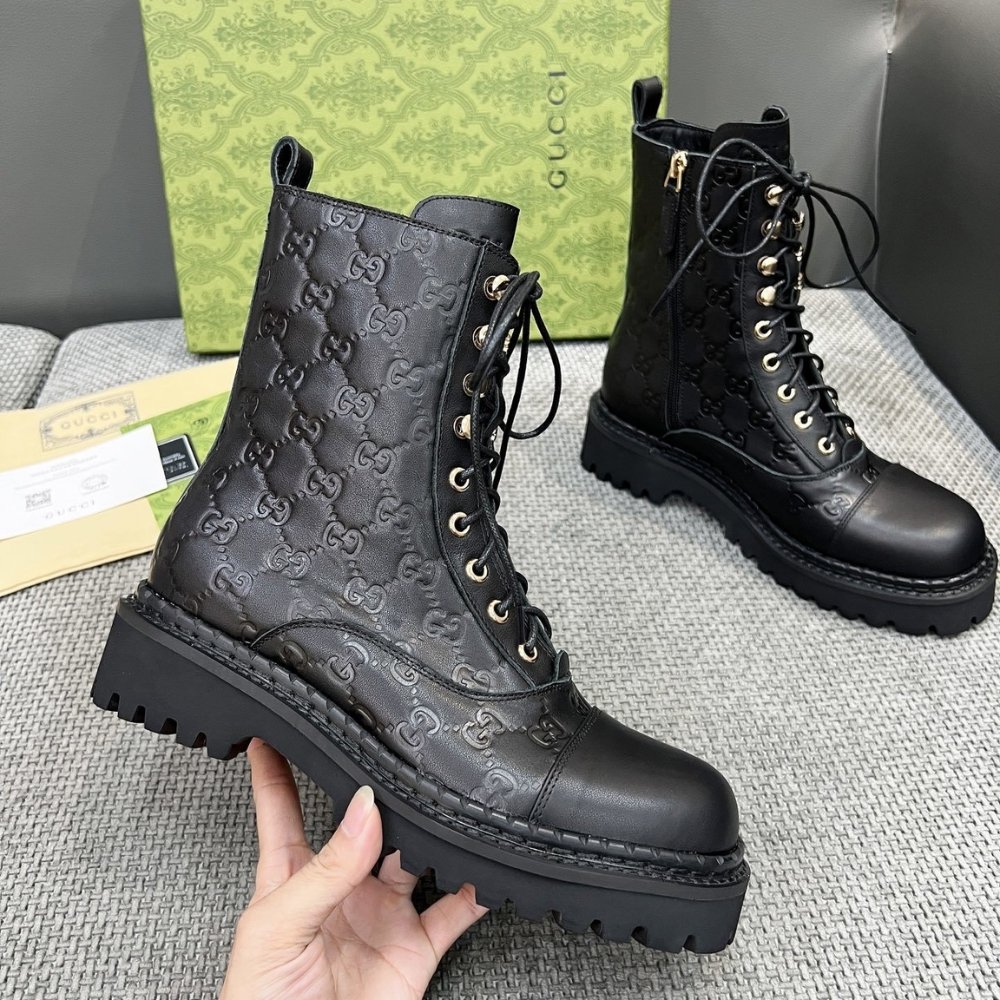 Gvc*1 Women Lace Up Ankle Boot With Gg Black Leather 840739 Aae5Q 1000