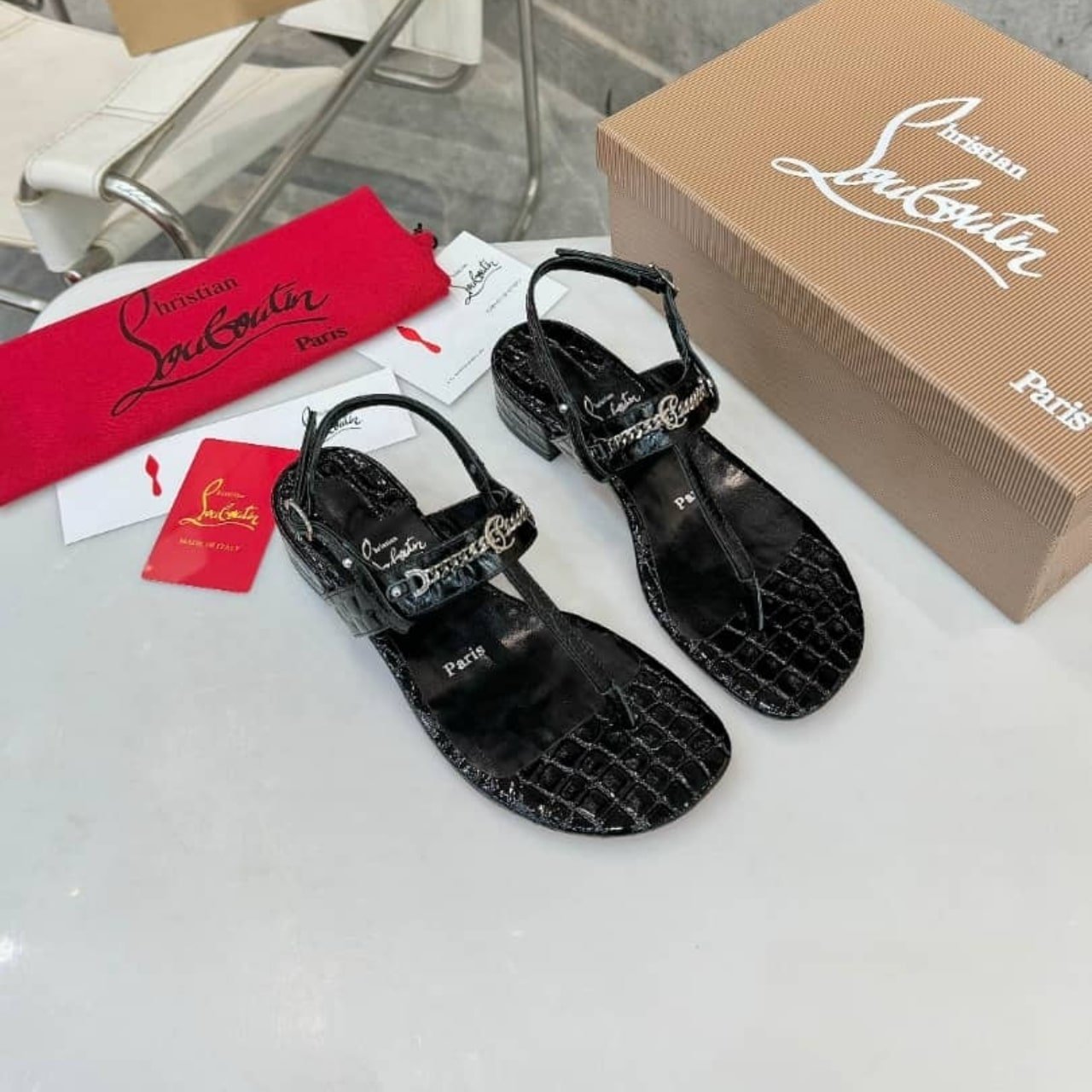 Chr1st1an Louboutin Mj Embellished Croc Effect Patent Sandals Black