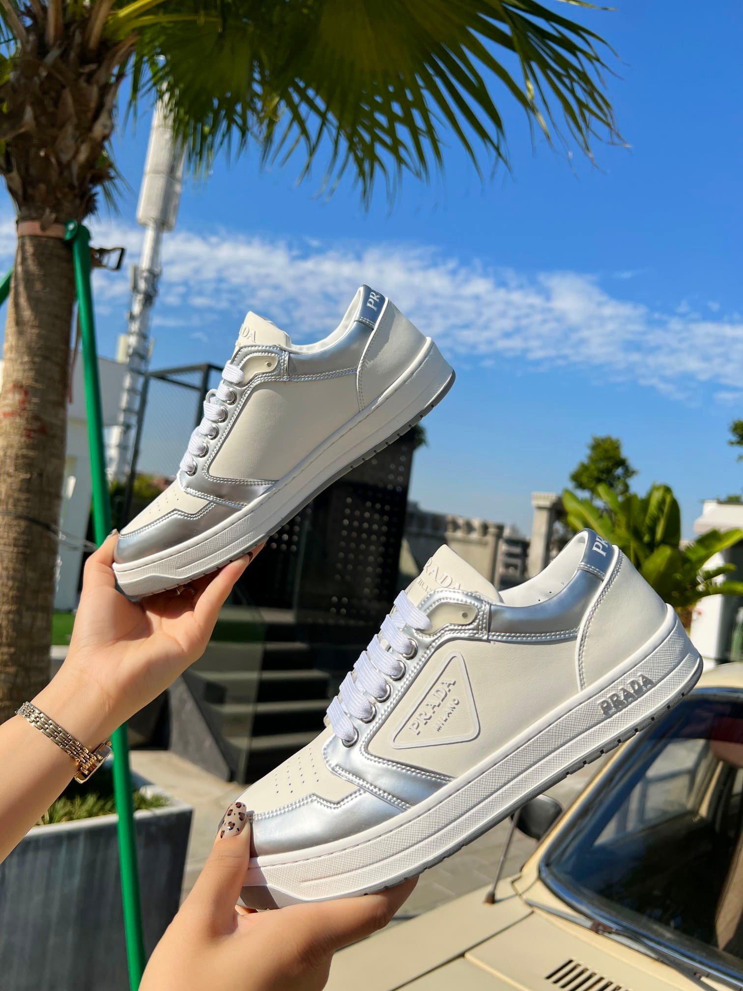 Pra*a District Leather Sneakers White Sliver 1E790M 3Lj6 F0J36