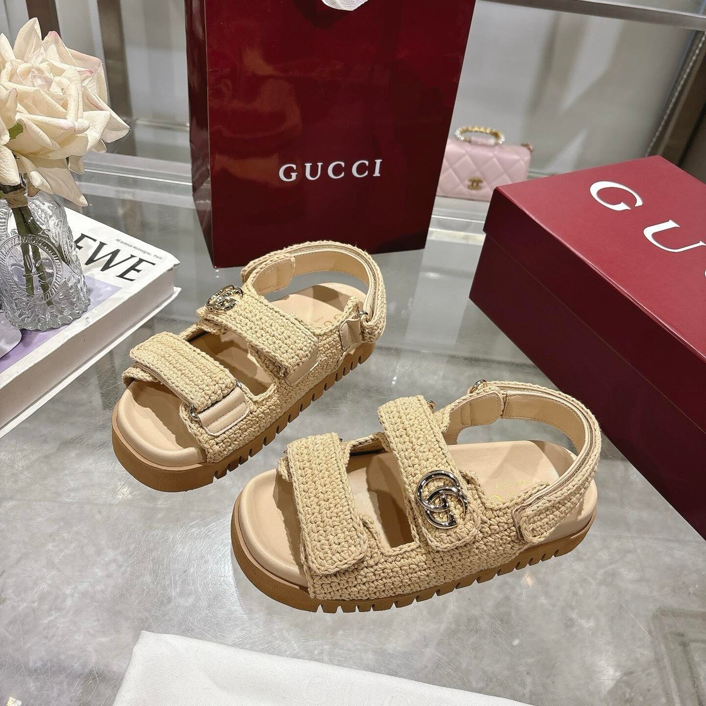 Gvc*1 Women Sandal With Double G Beige Crochet ‎835086 Faeq2 9552