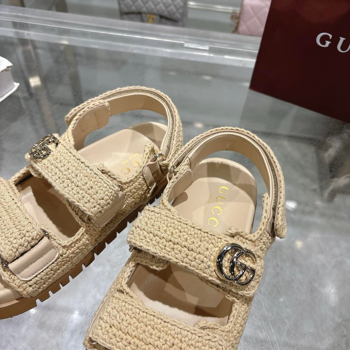 Gvc*1 Women Sandal With Double G Beige Crochet ‎835086 Faeq2 9552