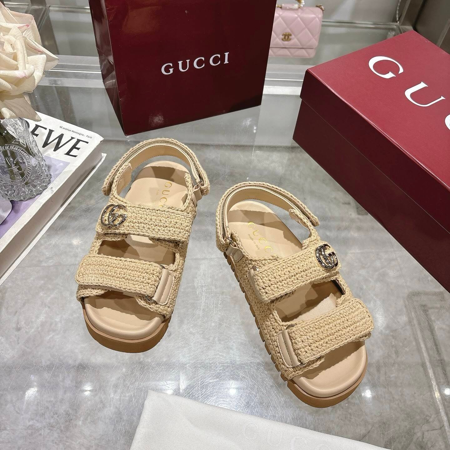 Gvc*1 Women Sandal With Double G Beige Crochet ‎835086 Faeq2 9552