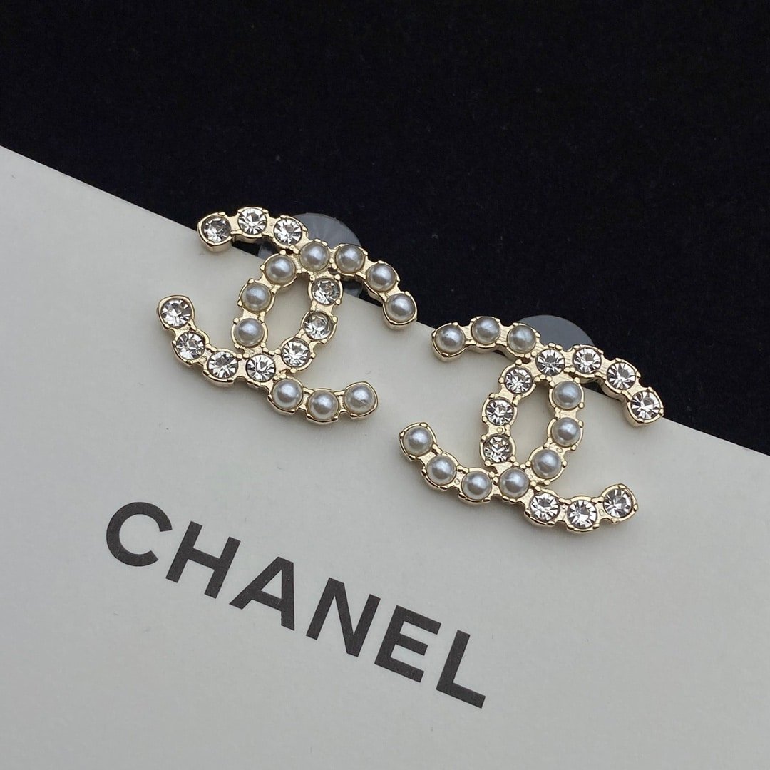 Ch**el Cc Crystal Pearl Silver Earrings